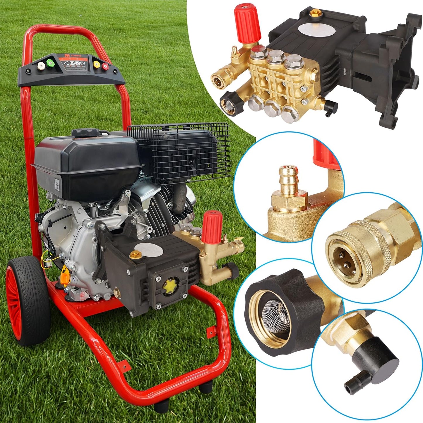 Biswing Pressure Washer Pump, 1" Shaft Horizontal Triplex Plunger, 4400 PSI Max, 4 GPM, Direct Drive Pump with Adjustment Unloader, Replacement Pumps for Cold Water Gas Power Pressure Washer