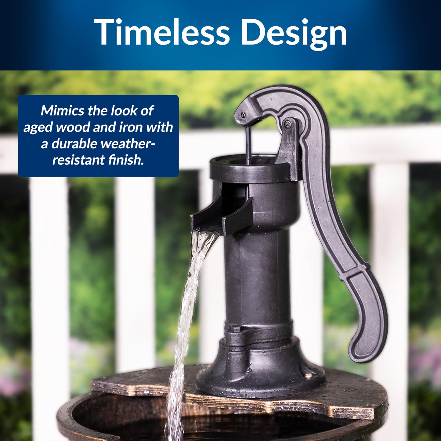 Alpine Corporation 40" Tall Outdoor Floor Tiered Rustic Pump and Barrel Water Fountain, Old-Fashioned Waterfall for Garden, Patio, Yard Decor, Dark Brown