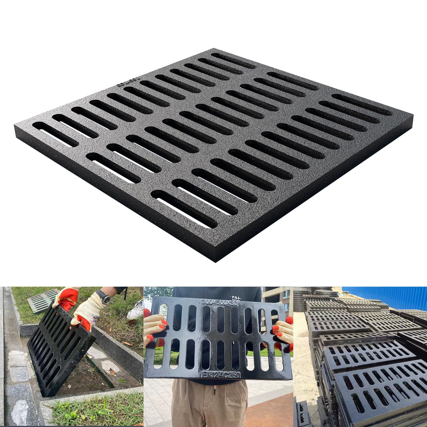 Cast Iron Drain Grate, 24 * 24in Heavy Duty Outdoor Drain Cover, B125 Class Channel Grate, Metal Sewer Grate, Black Square Drainage Grate for Concrete Floor, Yard, Driveway & Garage.