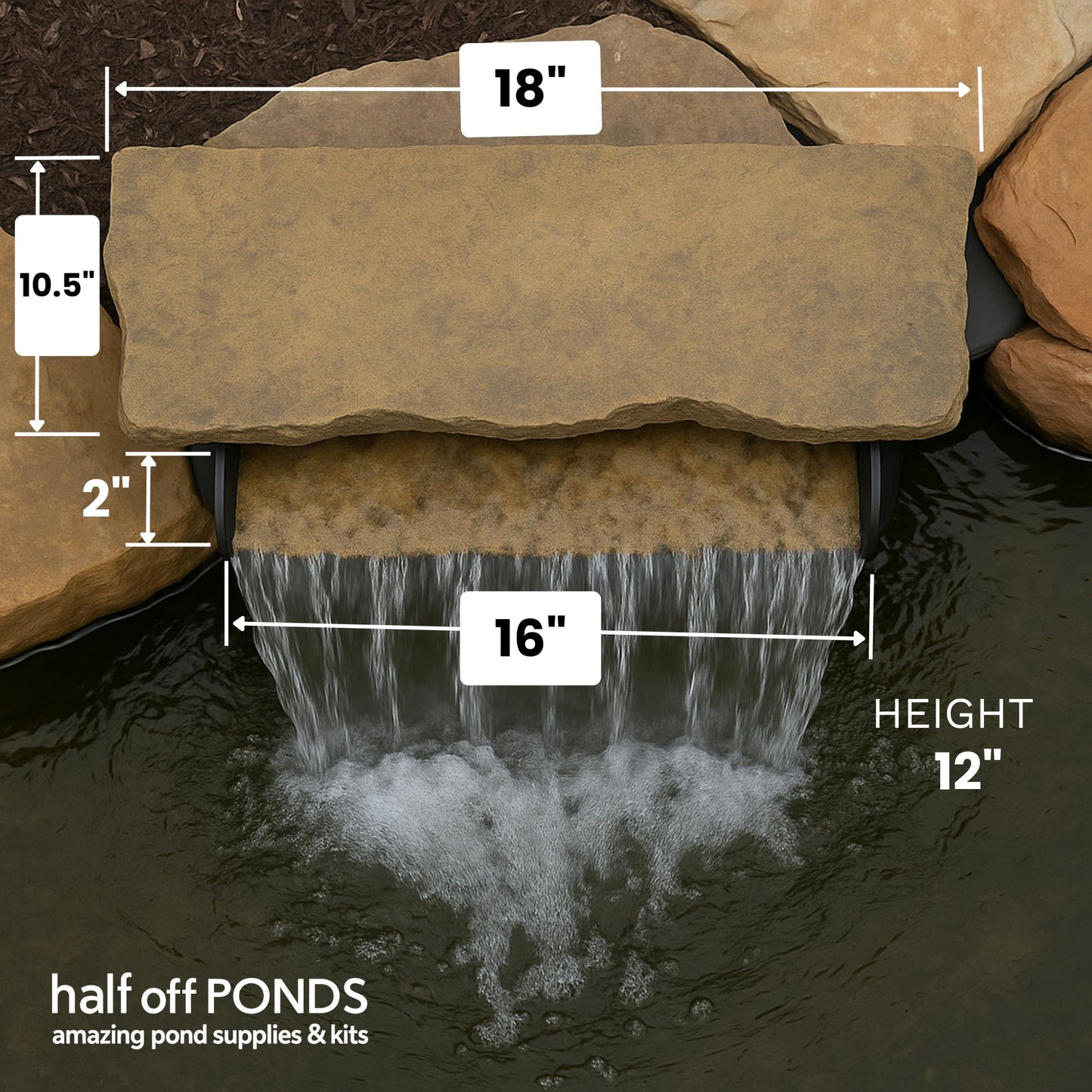 HALF OFF PONDS Filtering Waterfall Spillway Kit, 16-Inch Pond Waterfall Filter with Rock Lid and Lip, 2200 GPH Pump, 12.5 Foot Tubing, Outdoor Pond Filtering Waterfall System for Backyard Ponds
