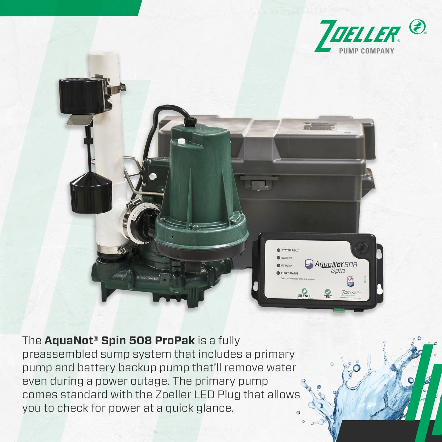 Zoeller 508-0006 AquaNot Spin 508 ProPak – Complete Sump Pump System with M53 Primary Pump & 12 V Battery Backup, Self-Testing, Check Valve & Float Switch - Basement Flood Protection