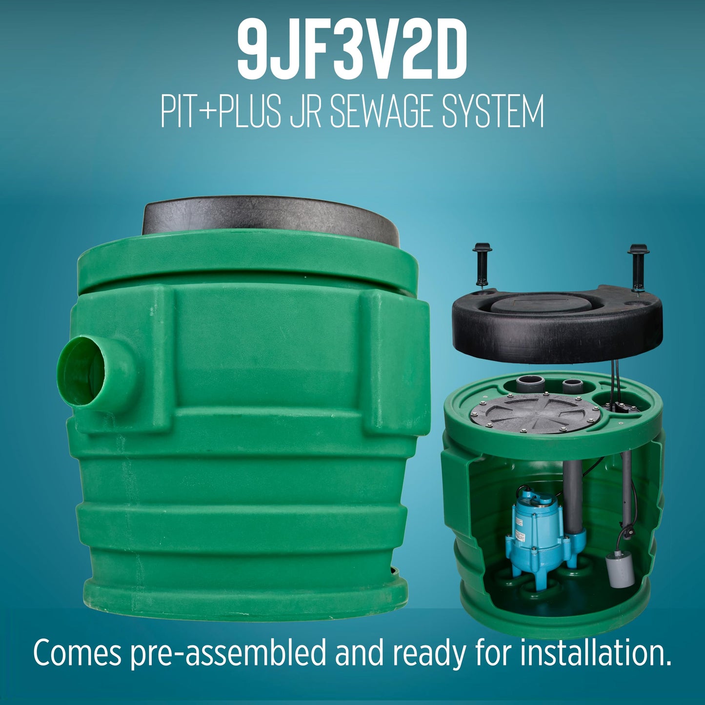 Little Giant 9JF3V2D Pit Plus JR Sewage Basin System with 115-Volt, 4/10 HP, 6000 GPH 9SC-CIM Sewage Pump, Float Switch with 20-Ft. Cord, 3-inch Vent, 2-inch Discharge, Green/Blue/Black, 509679