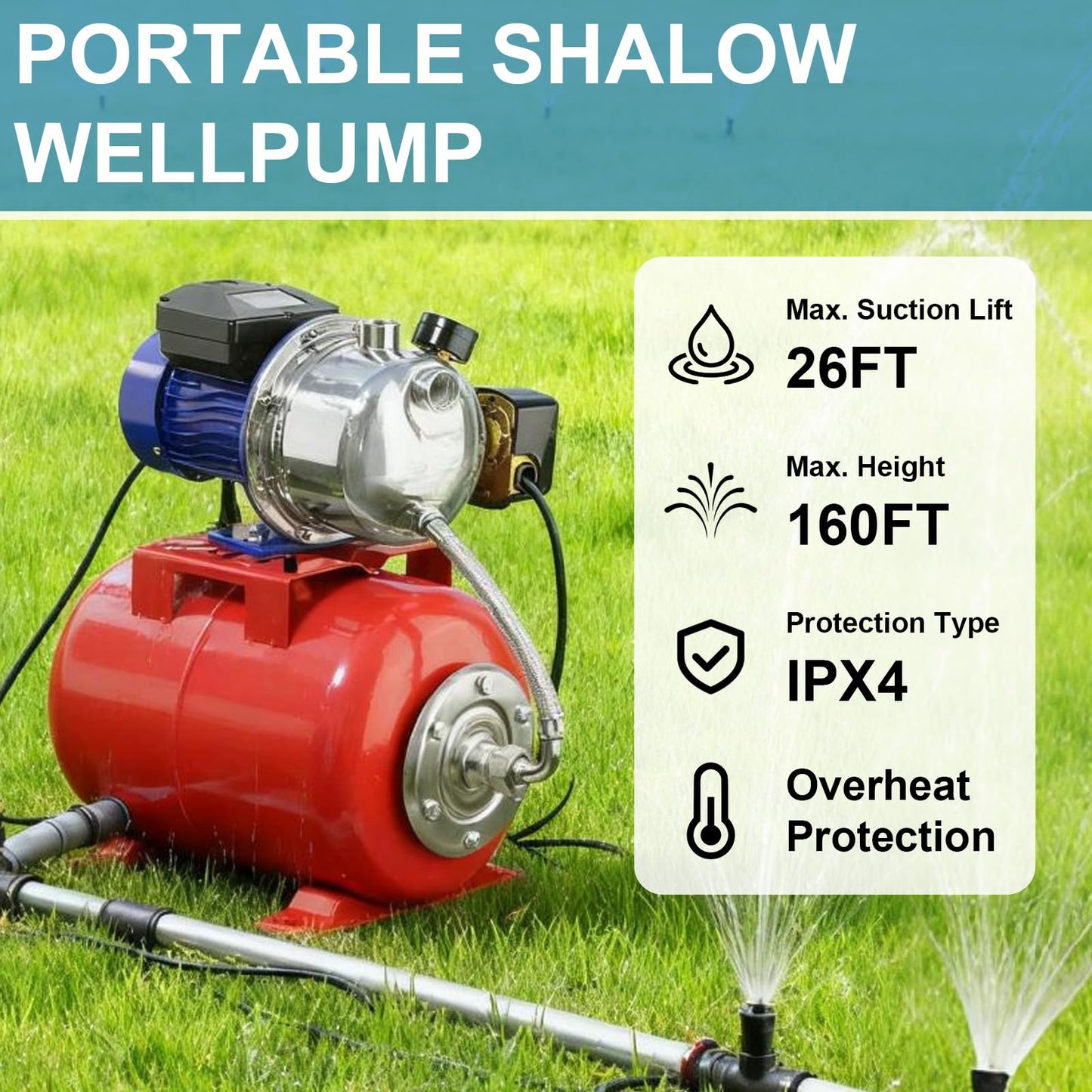 Rioflybee 1.5 HP Shallow Well Pump with Pressure Tank, 1320 GPH 115V Water Transfer Household Draining Irrigation Pumps, Automatic Water Booster Jet Pump Garden Pump for Home Garden Lawn Farm
