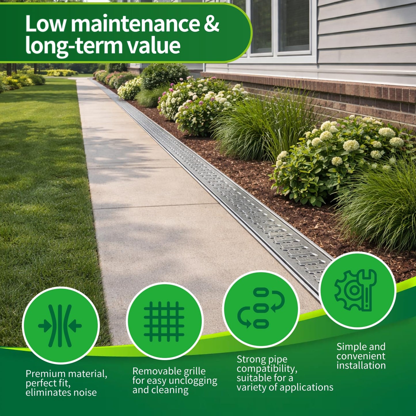 304 Stainless Steel Channel Drain with Drain Grate,39.4Lx5.9Wx5.5H in A15 Deep Profile Trench Drain System for 3”Pipe.Channel Drain Kit for Patios, Commercial, Pool Decks, Walkways,Yard Drainage.
