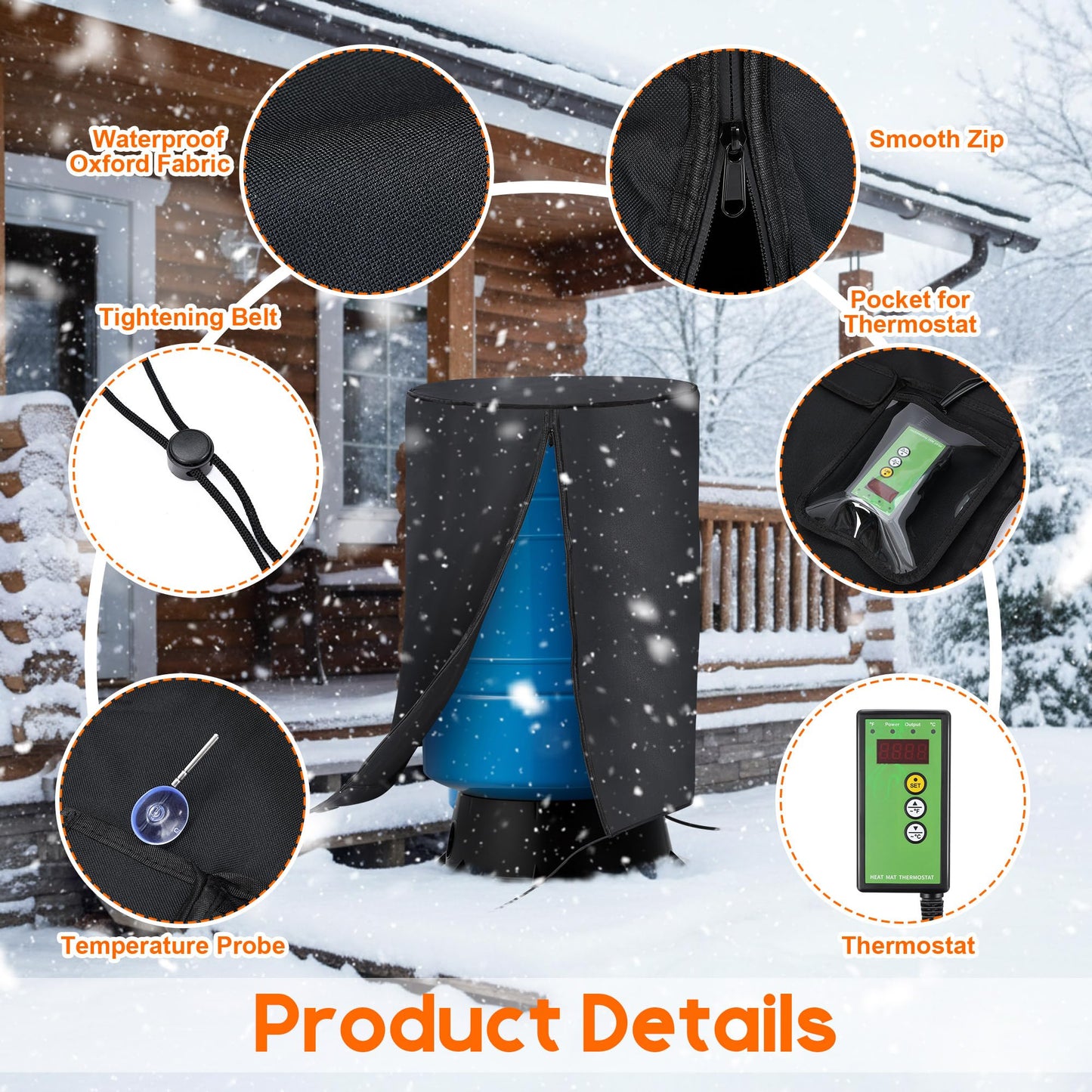 Aurelema Well Pressure Tank Heater Cover with Thermostat, Outdoor Insulated Heating Jacket with Temperature Controller and LED Display, Freeze Protection for Winter Water System (24" Diameter X 34" H)