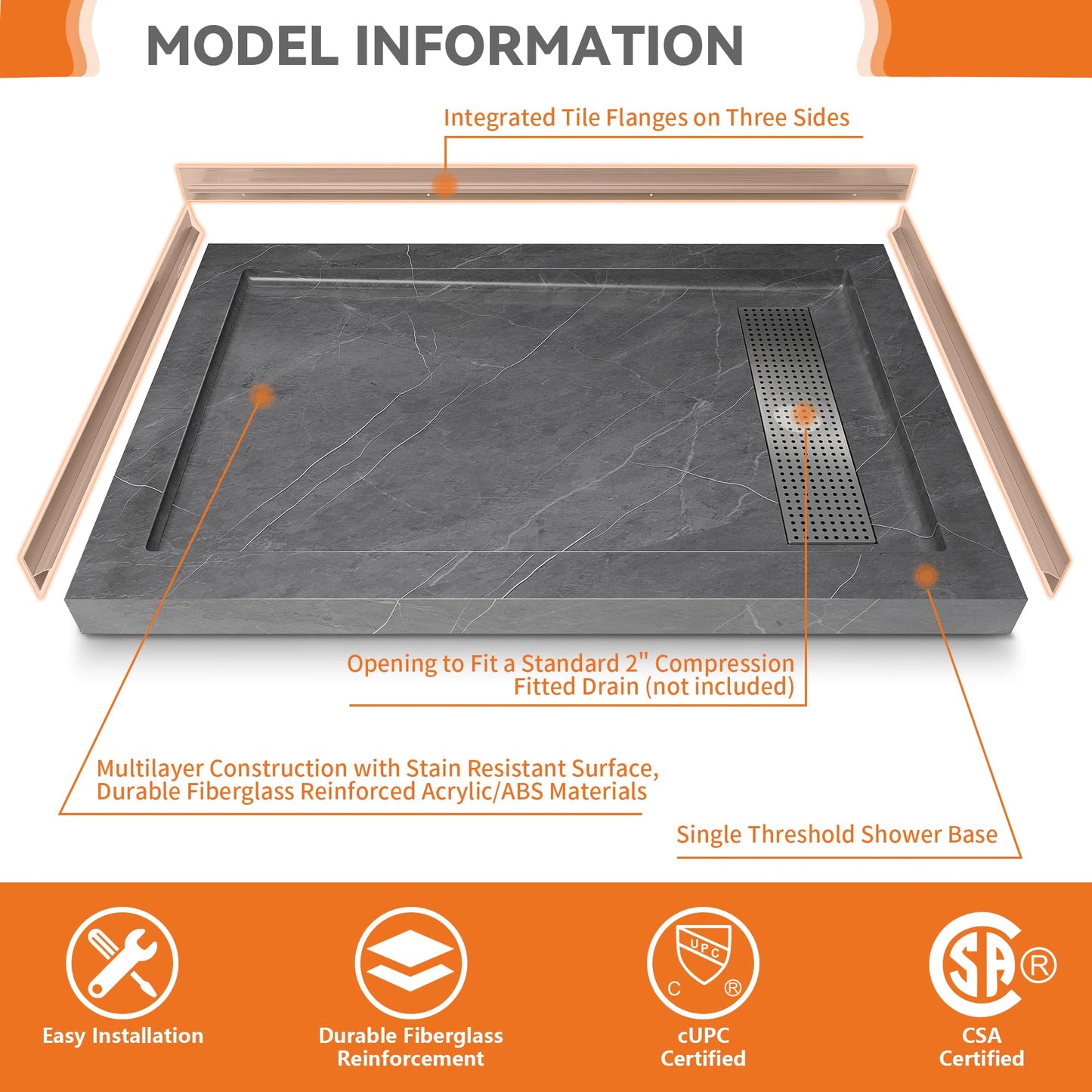 CKB 48 in x 32 in Shower Base, with Linear Drain Cover and Reversible Drain, Pre-Sloped Acrylic and Fiberglass Shower Pan with Removable Flanges, Gray Marble Look