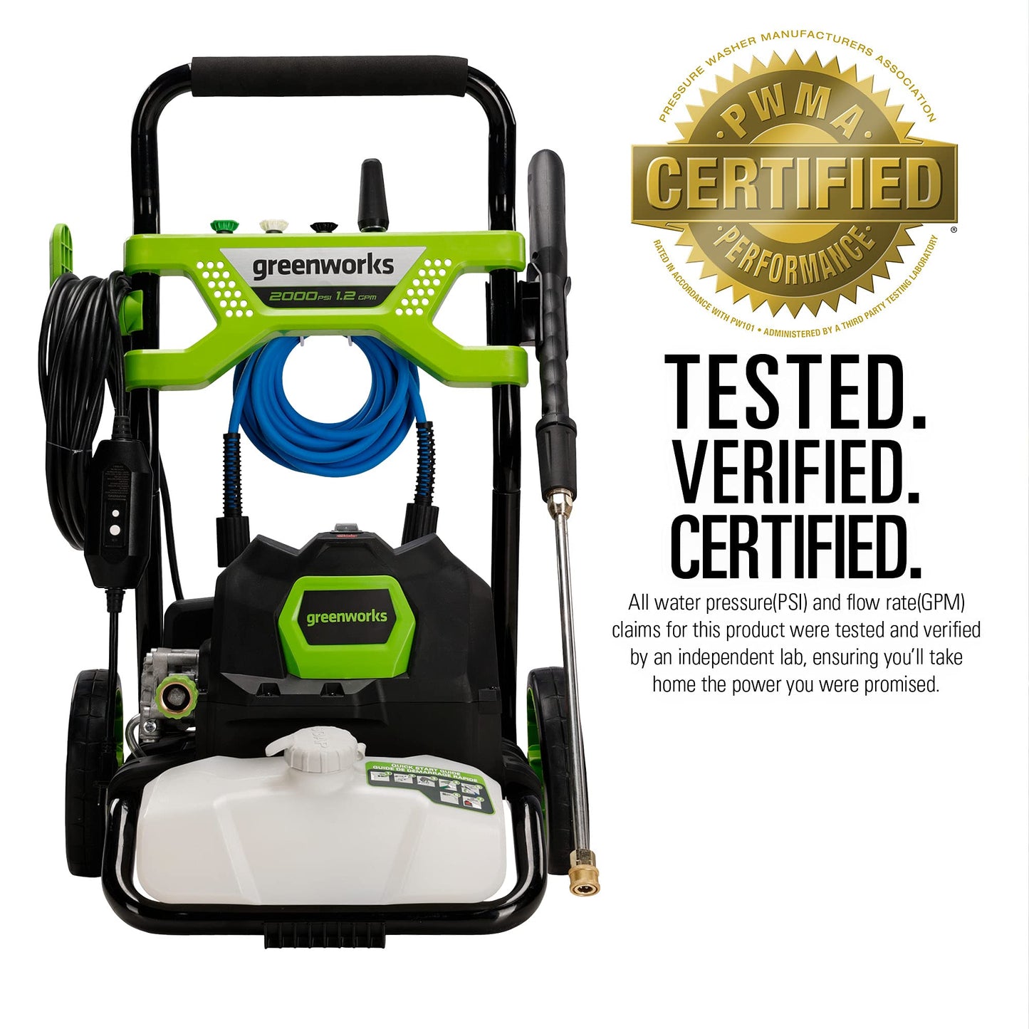 Greenworks 2000 PSI (1.2 GPM) Electric Pressure Washer, Steel Wand, On-Board Soap Tank (25°, 40°, Soap, and Turbo Nozzle)