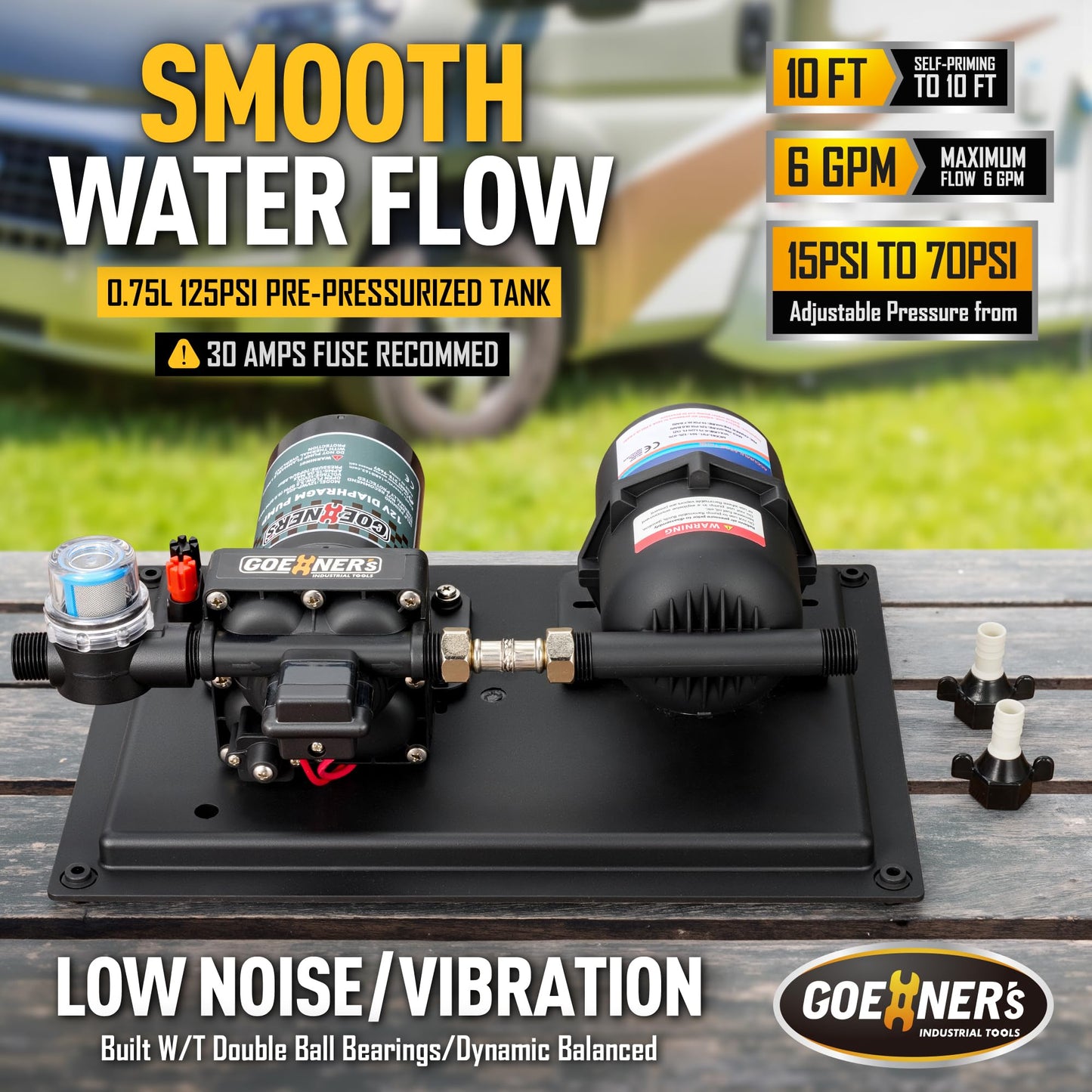 [Upgraded Version] RV Fresh Water Pump with 0.75L 125PSI Pre-Pressurized Accumulator Tank, 12V DC Water Pump, 6GPM 70PSI Self-Priming Diaphragm Pump with Pressure Switch and Strainer