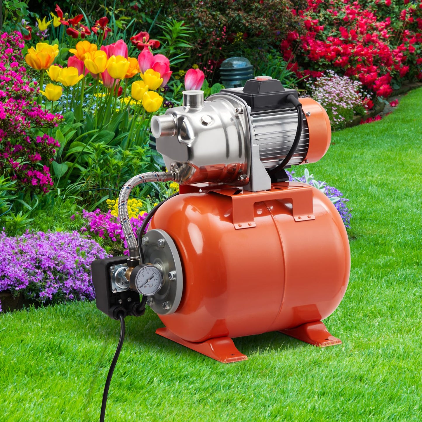 GarveeTech 1.6HP Shallow Well Pump With Pressure Tank, Stainless Steel Water Transfer Pump, 115V Water Pump With Automatic Pressure Switch, Electric Utility Pump for Garden, Pool, Well, Irrigation