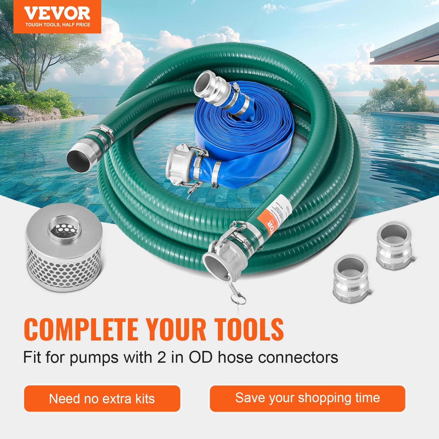 VEVOR Suction Hose Kit for Water Pump, with 2 in x 50 ft Blue Backwash Hose, 20 ft Green Suction Hose, and Steel Round Hole Strainer, Camlocks, Clamps, Cam & Groove Adapter, for Multiple Purposes