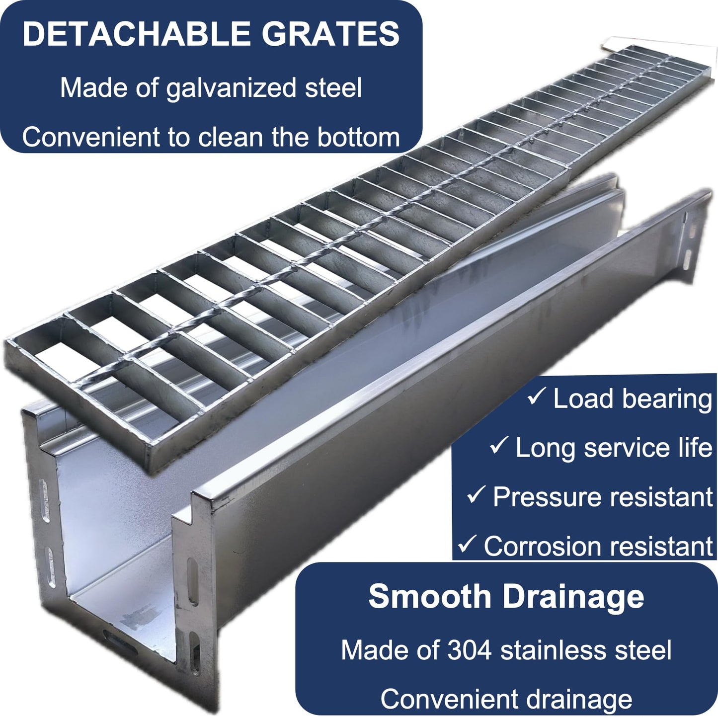 TIANYAMAI 304 Stainless Steel Channel Drain with Galvanized Steel Grate 39.4x5.9x5.5 in, B-Class 28100 lbs Heavy-Duty Drain Kit for 3" Pipe, Trench Drainage System for Outdoor, Driveway, Garage 2pcs