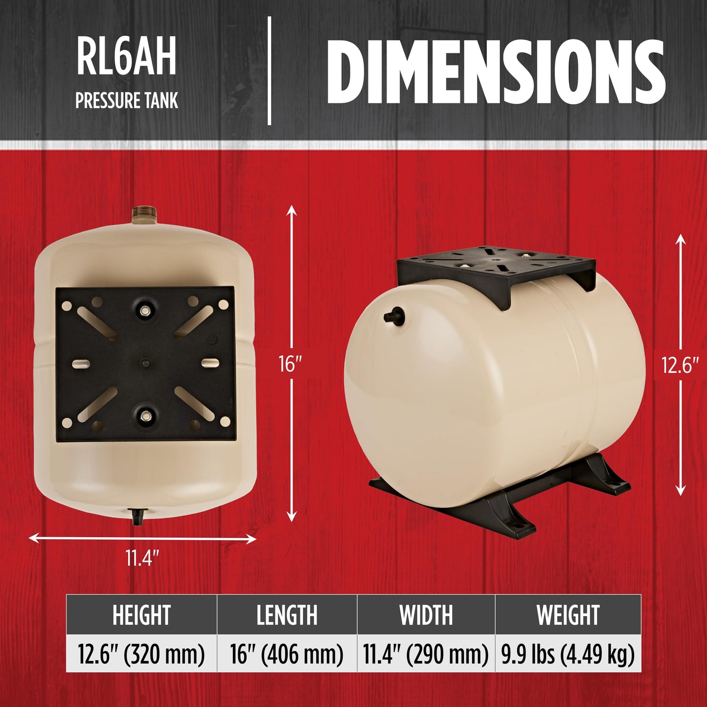 Red Lion RL6AH - 6-Gallon Horizontal Pre-Charged Pressure Tank with Pump Mounting Bracket and Thermoplastic Stand for Well Pumps, 3/4-Inch MNPT System Connection, Almond, 604629
