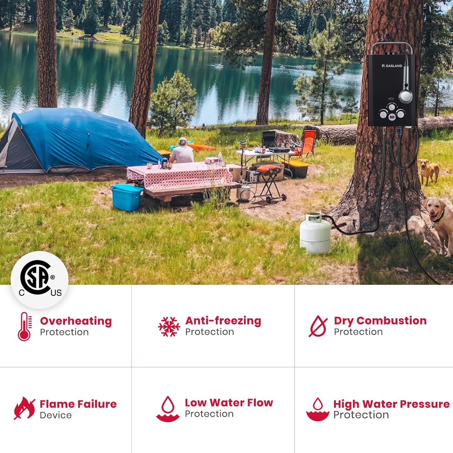 GASLAND CSA Certified Portable Water Heater with Pump Outdoor - 1.58GPM 6L Propane Tankless Instant On Demand Hot Water Shower for Camping & Camper, Includes 1/2" Twist-On Pipe Strainer,BE158BP60