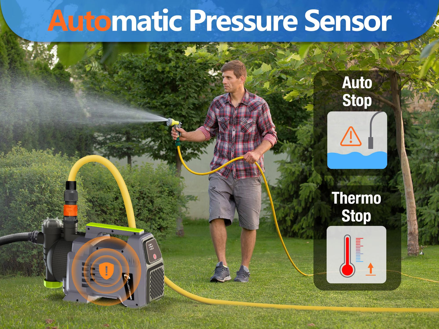 FLUENTPOWER 1.5HP Automatic Garden Booster Pump with Integrated Prefilter, 1300GPH, Lift 150FT, Portable Shallow Well Jet Pump, Water Transfer Draining Pump for Home Garden Lawn Sprinkler Irrigation