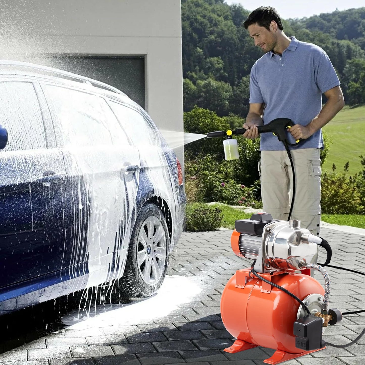 1.6HP Shallow Well Pump with Pressure Tank,1340 GPH Flow Rate, 115V Automatic Pressure Switch, Stainless Steel Well Pump for Home Irrigation, Lawn, Farm, Water Pressure Boosting,Winter Proof Design