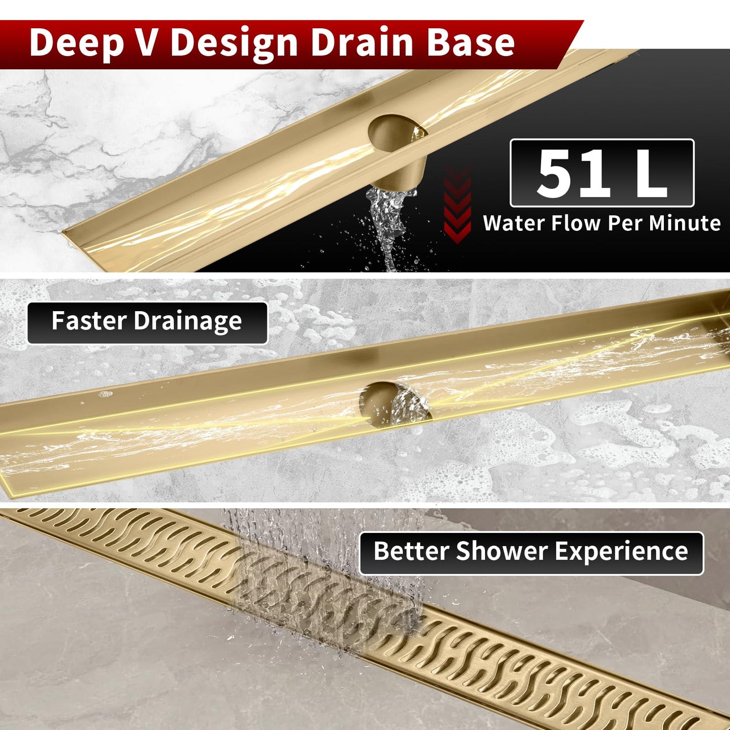 Sharp-tec Linear Shower Drain, 48 inch Shower Drain with Removable Pattern Cover, Brushed Gold 304 Stainless Steel Rectangle Floor Drain, Adjustable Feet and Hair Strainer Included