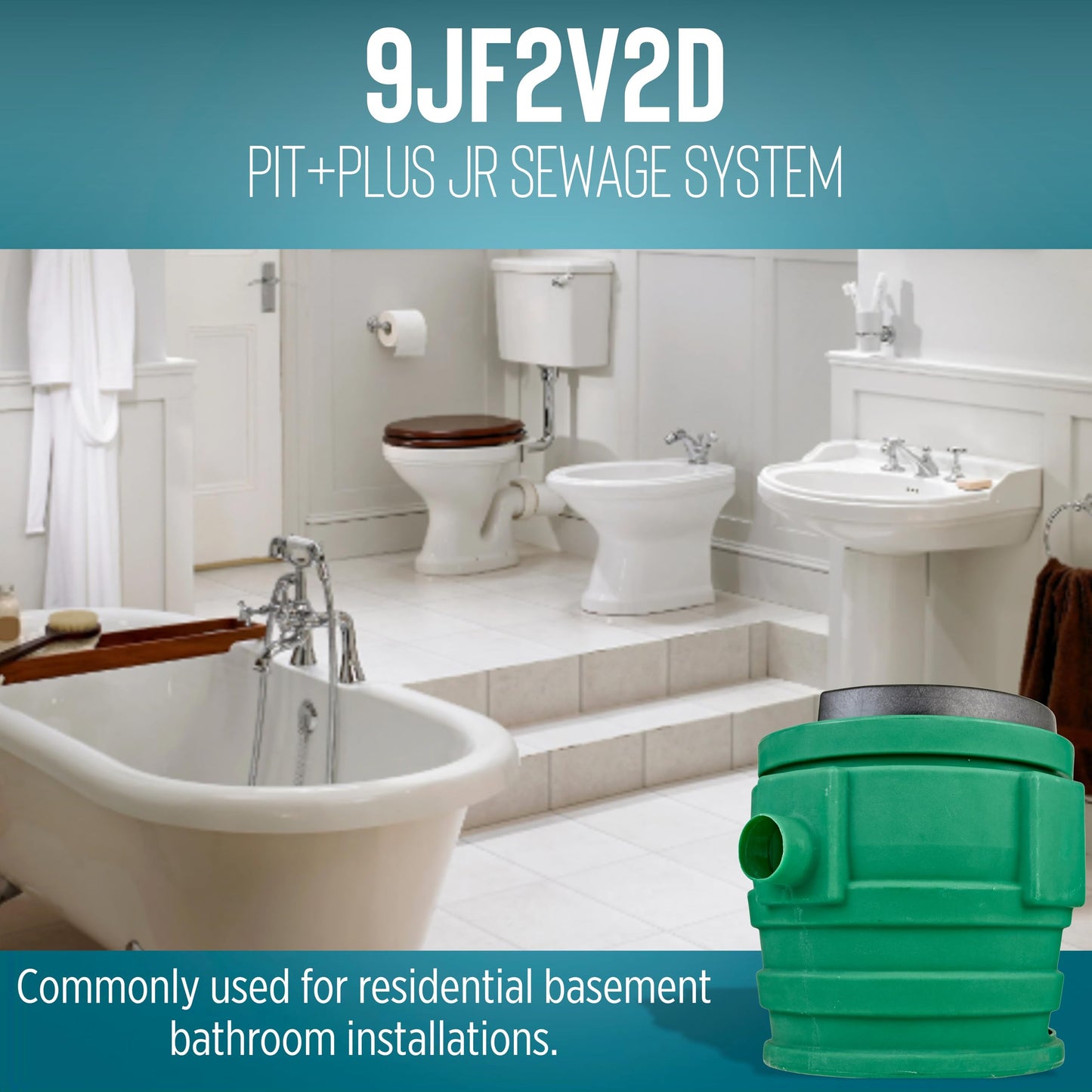 Little Giant 9JF2V2D Pit Plus JR Sewage Basin System with 115-Volt, 4/10 HP, 6000 GPH 9SC-CIM Sewage Pump, Float Switch with 20-Ft. Cord, 2-inch Vent, 2-inch Discharge, Green/Blue/Black, 509673