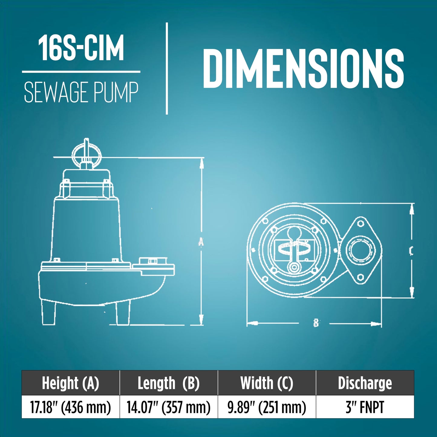 Little Giant 16S-CIM, 230-Volt, 1 HP, 9600 GPH Manual Submersible Sewage Ejector Pump, 40' Leads (Plugless), 3-Inch Discharge, Blue, 514630