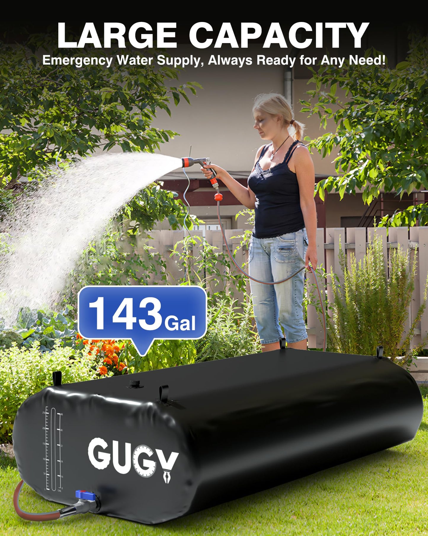 GUGY Portable 143 Gallon Water Bladder for Truck Bed,Carrier Cart Large Water Bob Bathtub Emergency Water Bladder for Outdoor RV & Car Camping Water Storage Bladder with Spigot,Overflow Kit-Black 540L