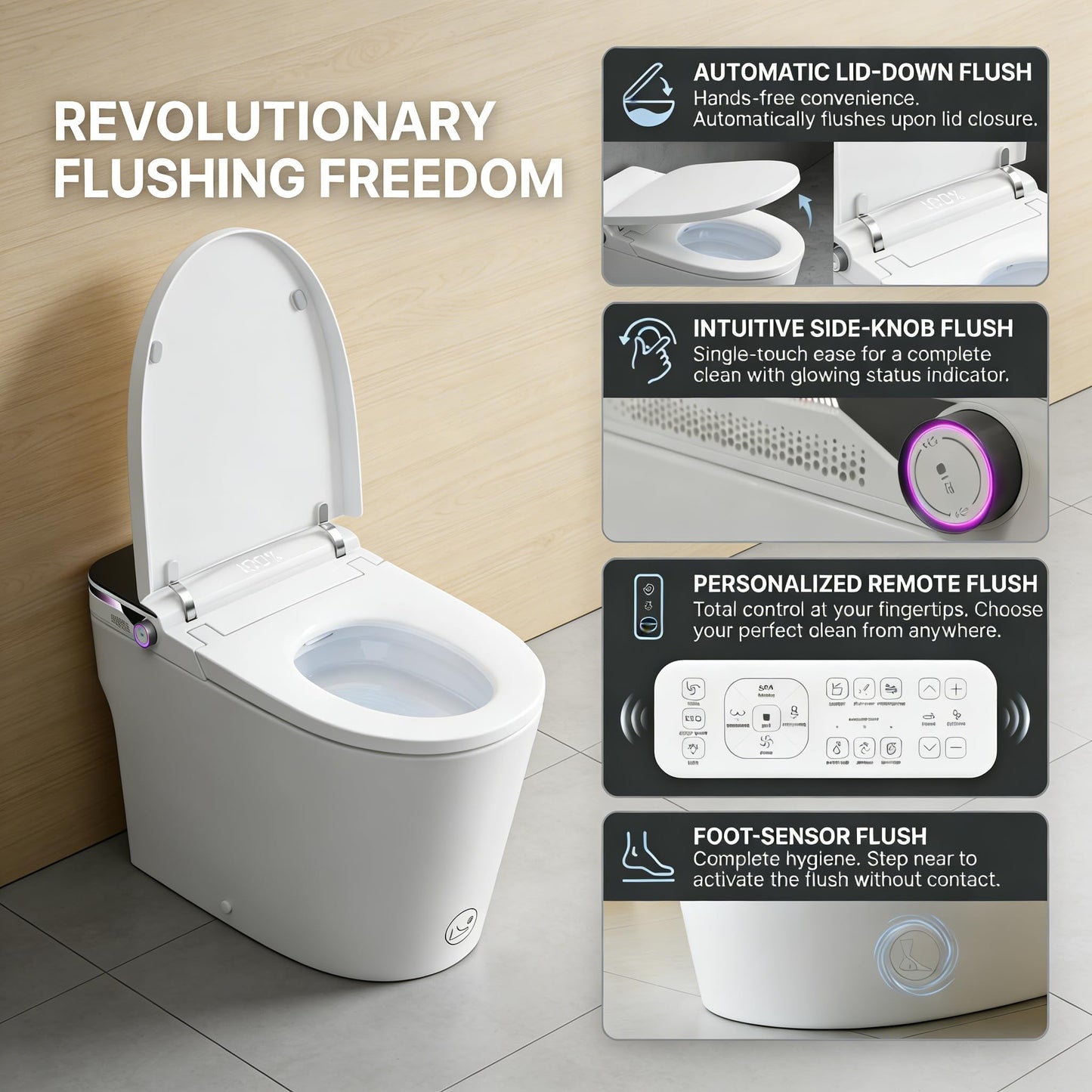 ADA Smart Toilet with Bidet, Auto Open Close Lid, Auto Flush, Heated Seat, Instant Warm Water Wash, Warm Air Dryer, Foot Sensor Flush, Low Pressure Tank Pump, Remote, Black Display