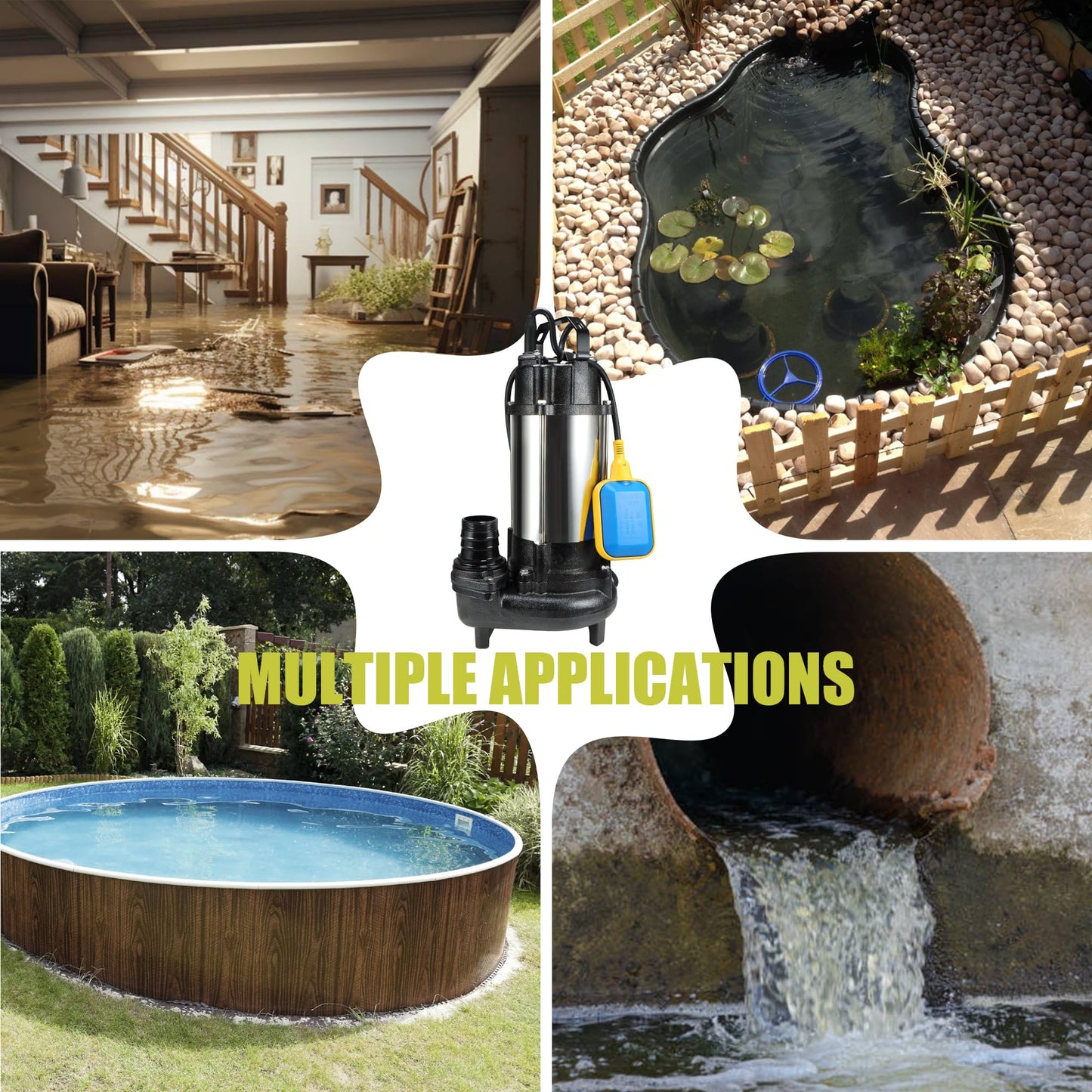 Sewage Grinder Pump, 1HP Submersible Sump Pump, 110V 6400GPH Cast Iron Effluent Pumps with Automatic Float Switch, 2'' NPT Discharge for Basement, Residential Sewage, Sump Basin