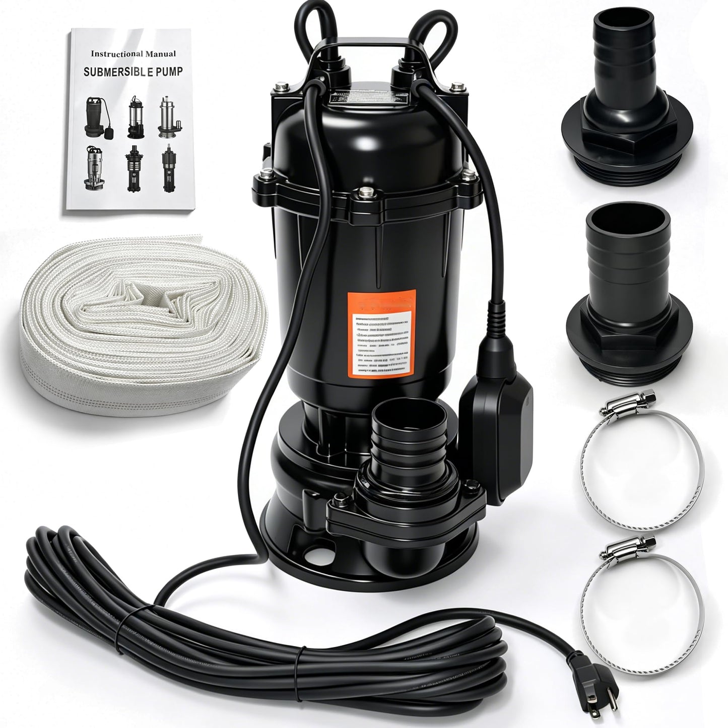 2HP 110V Submersible Sewage Grinder Pump W/Blades Cast Iron Effluent Pump w/Auto Float Switch and 66ft Hose for Basement Sump Basin and Sewage Well, 2'' NPT Discharge