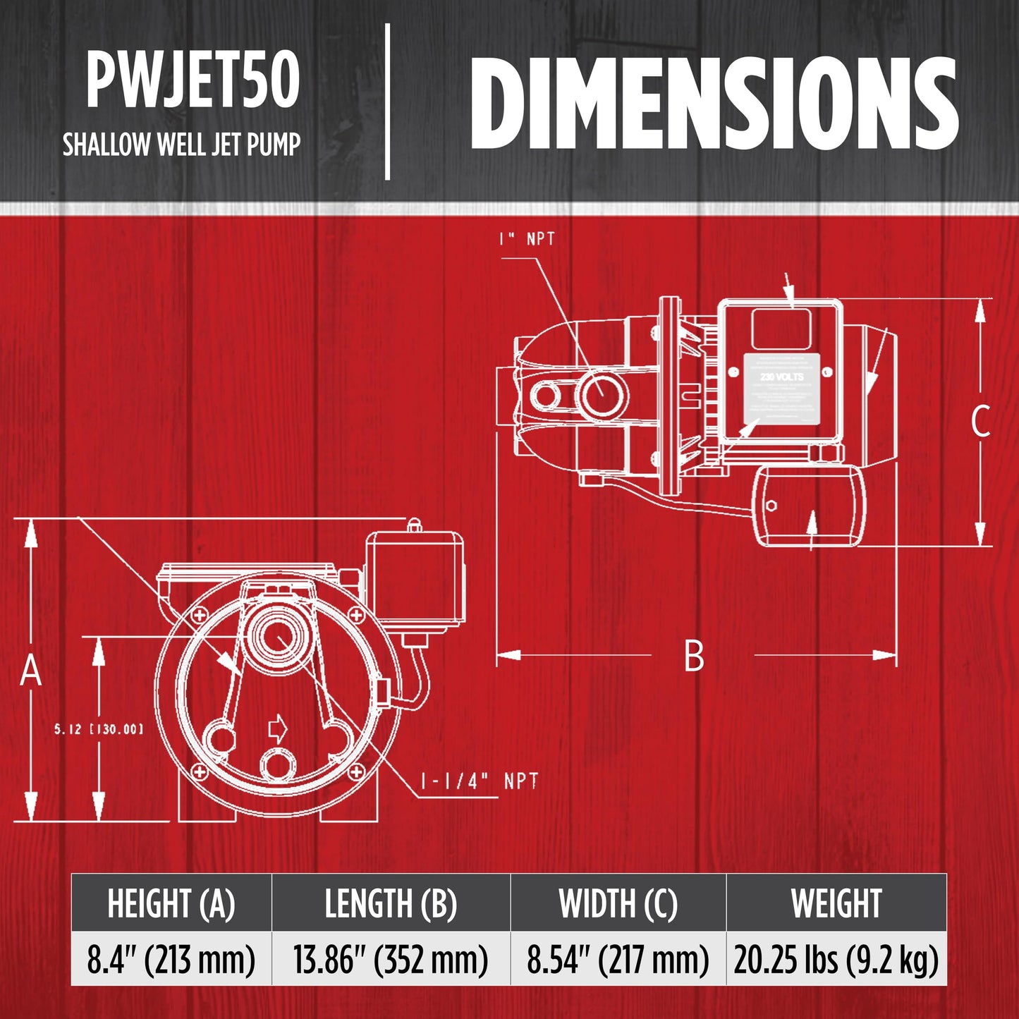 Red Lion PumpWorks 1/2 HP, 7.4 GPM, 115/230 Volt PWJET50 Cast Iron Shallow Well Jet Pump, Black 97080501