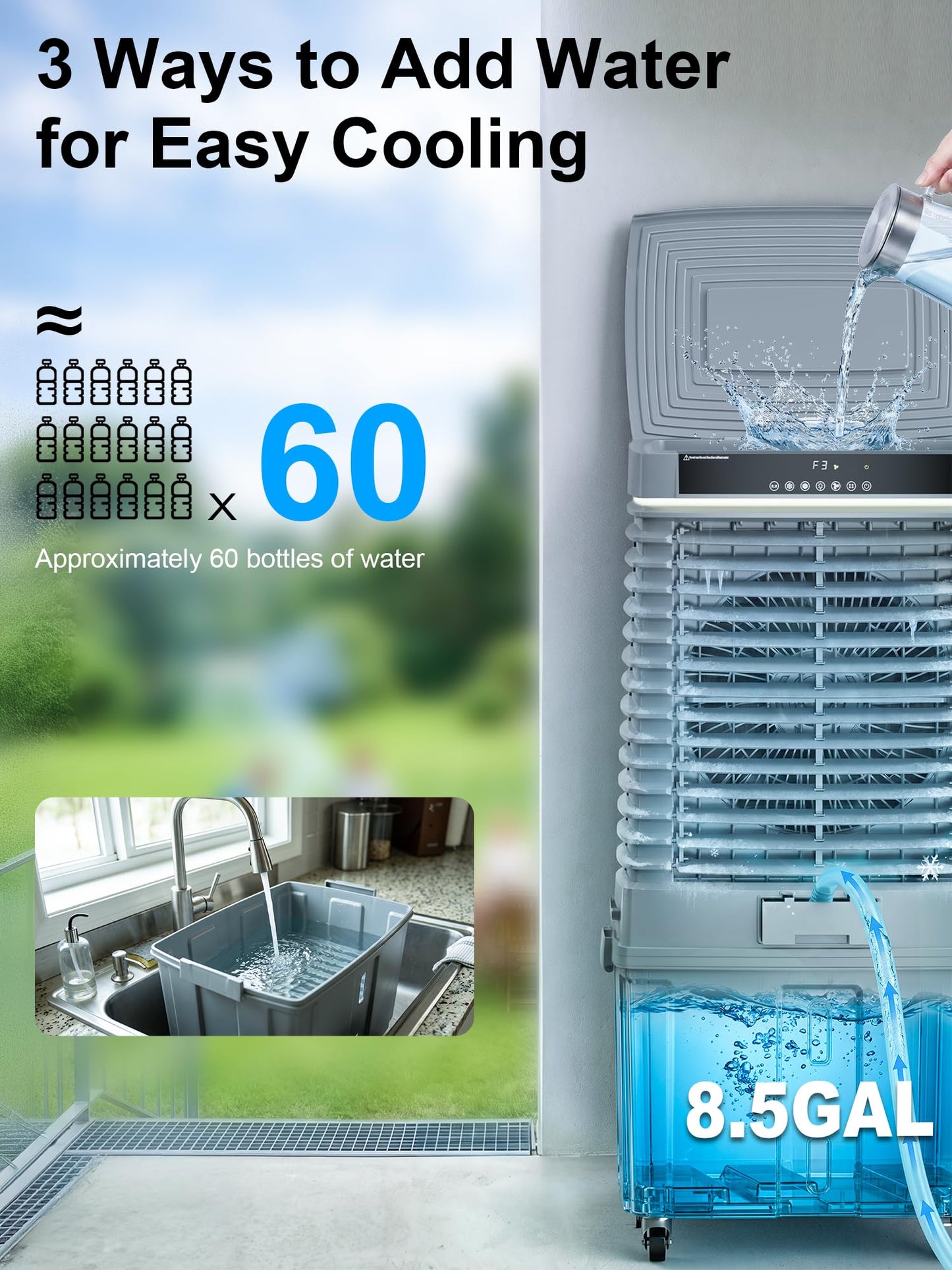 Uthfy 2000CFM Swamp Cooler for Large Room, 37”Evaporative Air Cooler with 8.5Gal Detachable Water Tank, 12H Timer, Ambient Light, 80°Oscillation, Outdoor Air Conditioner for Patio, Garage