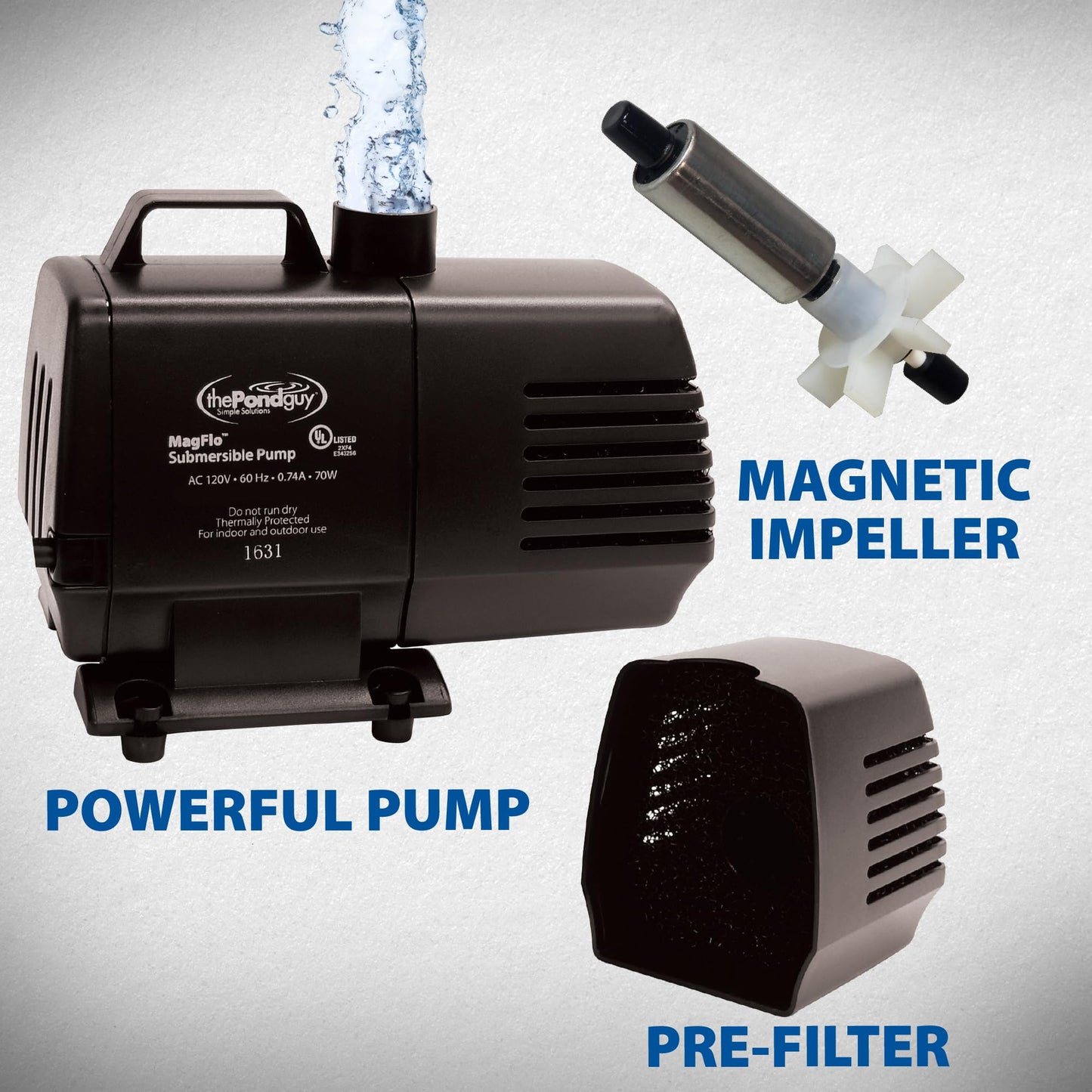 The Pond Guy MagFlo High-Efficiency Compact Pump for Small Water Gardens, Quiet Multi-Purpose System for Waterfalls, Fountains or Spitters, 2160 GPH
