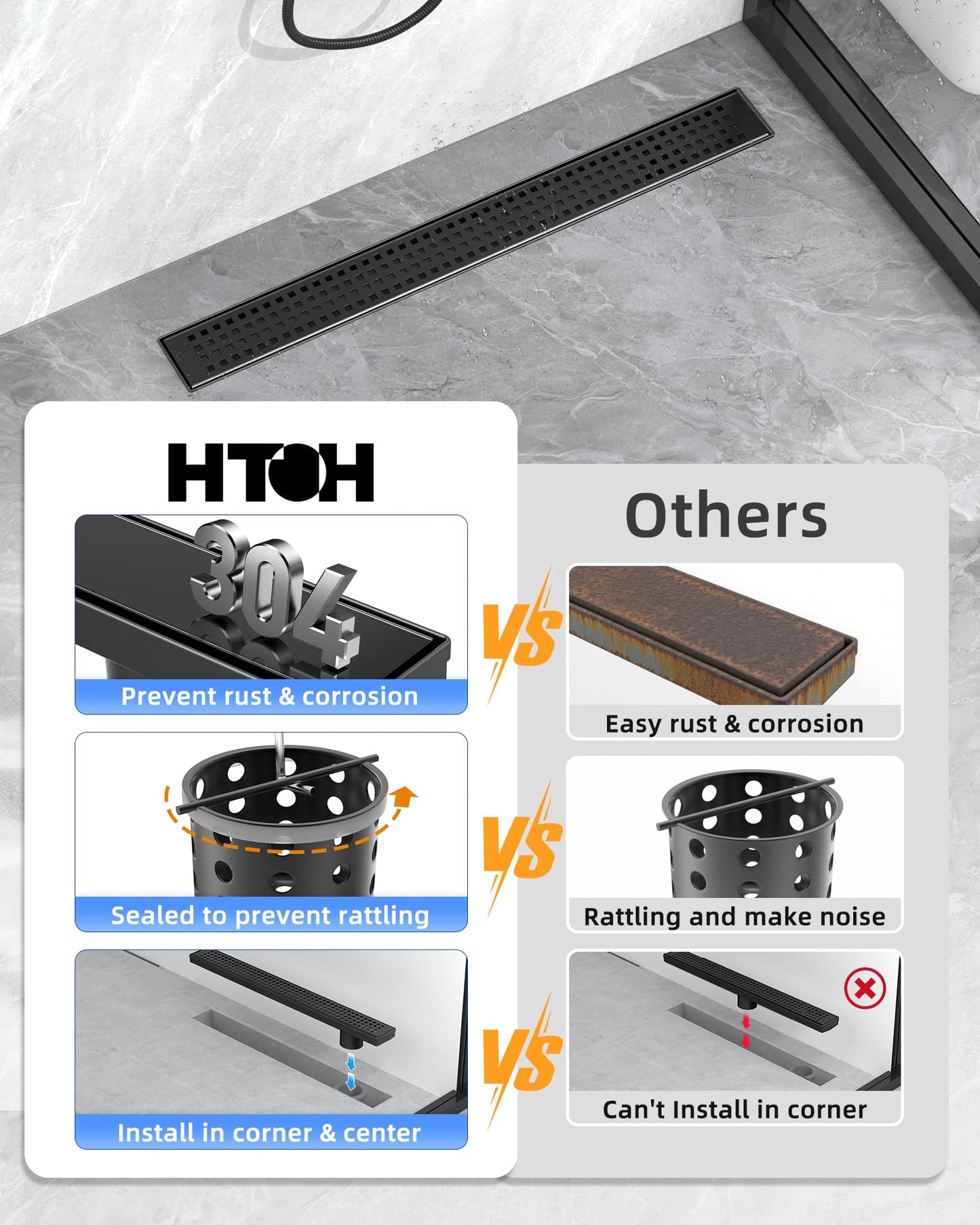 HTOH Shower Drain Offset Outlet for Bathroom: 48-Inch Black Linear Shower Drain with Removable Grate - Modern 304 Stainless Steel Shower Floor Drain Side Outlet with Hair Catcher, Adjustable Feet