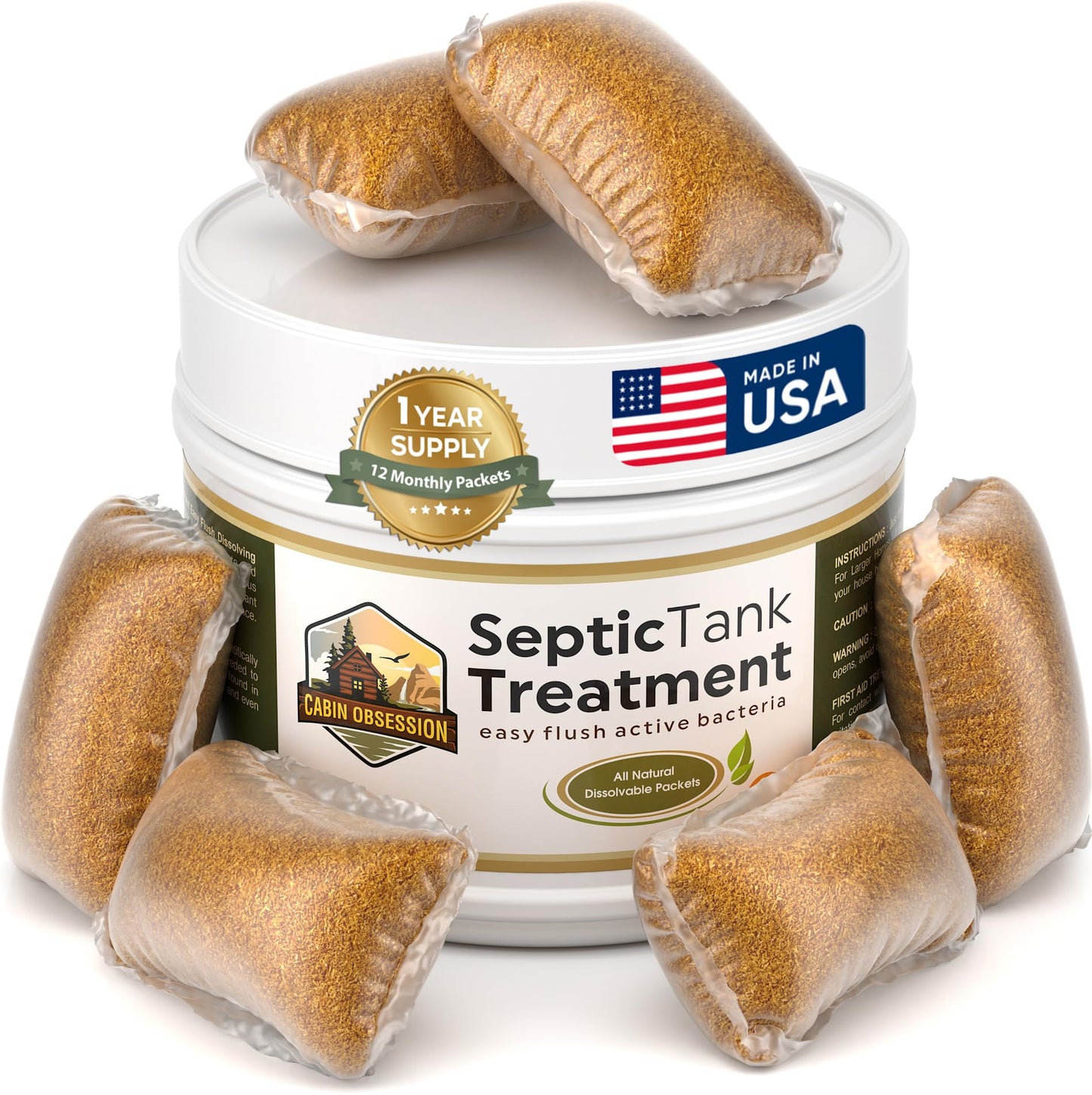 Septic Tank Treatment - 1 Year Supply of Septic Safe Dissolvable Easy Flush Live Bacteria Packets (12 Count) - Best Way to Prevent Expensive Sewage Backups - Made in USA