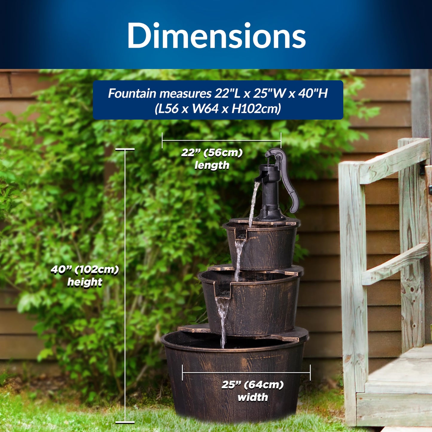 Alpine Corporation 40" Tall Outdoor Floor Tiered Rustic Pump and Barrel Water Fountain, Old-Fashioned Waterfall for Garden, Patio, Yard Decor, Dark Brown