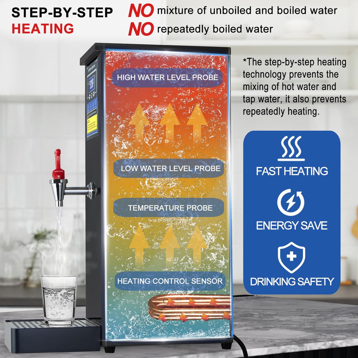 Commercial Hot Water Dispenser Commercial Water Boiler Electric Countertop Hot Water Machine Black 30L(8GAL)/Hour Step-heating Temperature Control 86-212°F for Boba Tea Coffee Office Restaurant 1600W