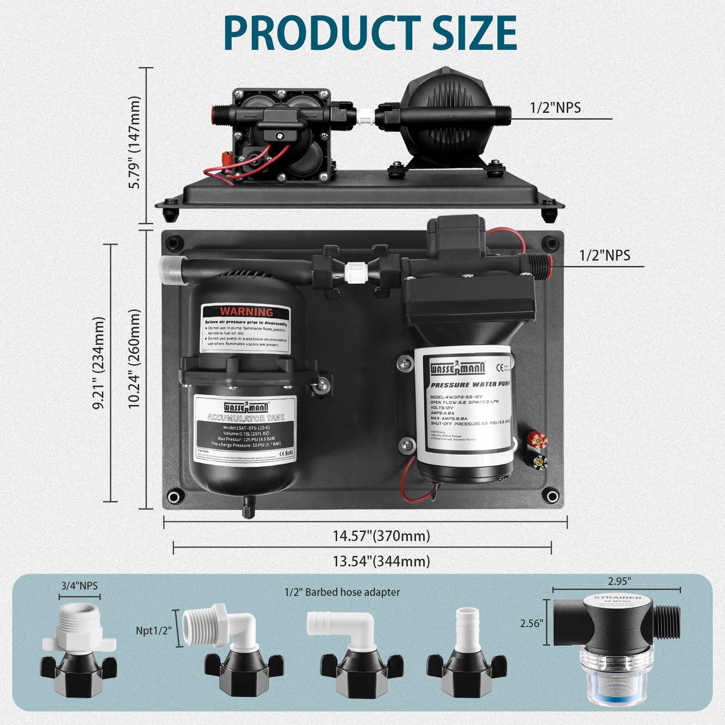 WASSERMANN 12V RV Water Pump and Accumulator Tank System, 3.0GPM 55PSI Self Priming Water Diaphragm Pump with 0.75L 10 PSI Pre-Pressurized Accumulator Tank, Pressure Switch, for Boat Garden RV Camping