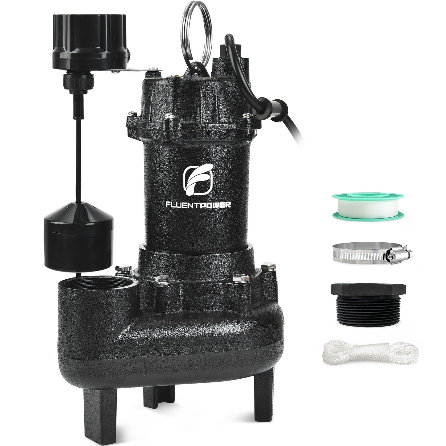 FLUENTPOWER 5000GPH Sewage Effluent Pump, 3/4HP Cast Iron Ejector Submersible Sewer Pump, with Automatic Vertical Float Switch for Residential Basement Septic Basin, 10 ft Cord, 2" NPT Discharge