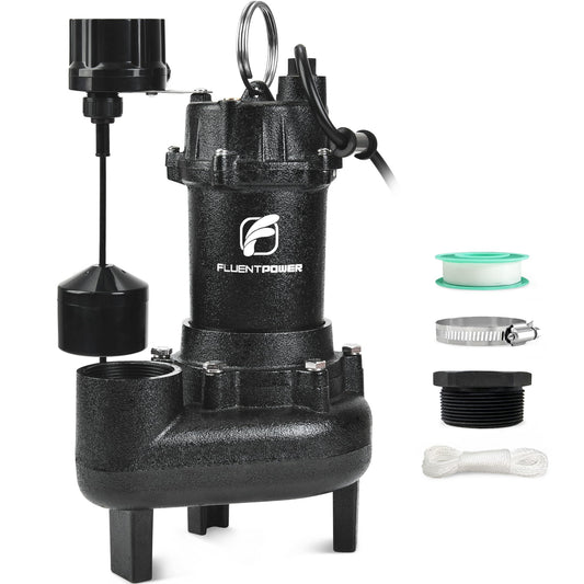FLUENTPOWER 5000GPH Sewage Effluent Pump, 3/4HP Cast Iron Ejector Submersible Sewer Pump, with Automatic Vertical Float Switch for Residential Basement Septic Basin, 10 ft Cord, 2" NPT Discharge