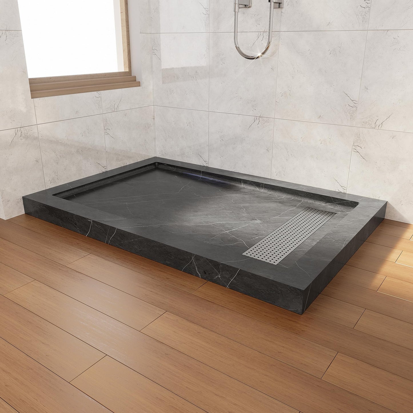 CKB 48 in x 32 in Shower Base, with Linear Drain Cover and Reversible Drain, Pre-Sloped Acrylic and Fiberglass Shower Pan with Removable Flanges, Gray Marble Look