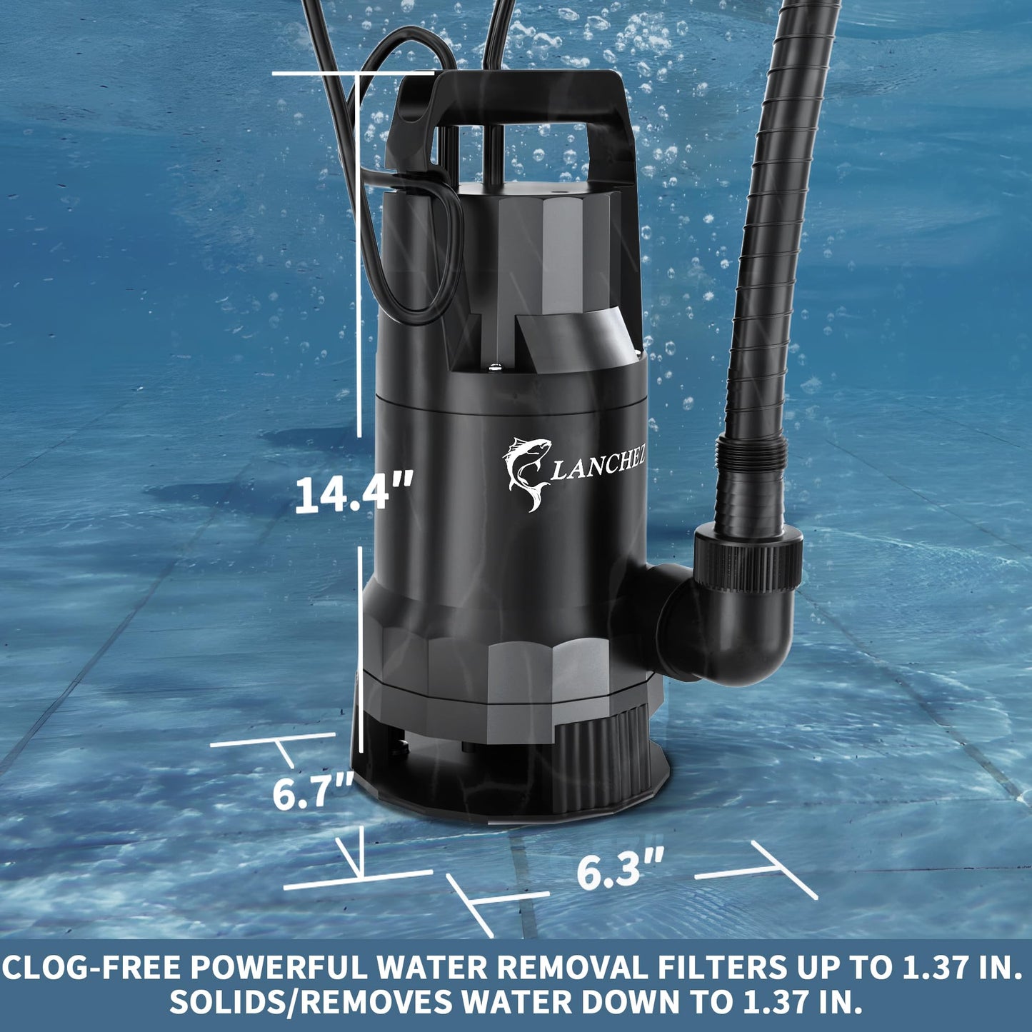 LANCHEZ 1.6HP 6000GPH Sump Pump, High Flow Submersible Water Pump with Float Switch, Automatic Transfer Water Pump for Swimming Pool Basement Flooded Pit Sewage Sink Tub, Black