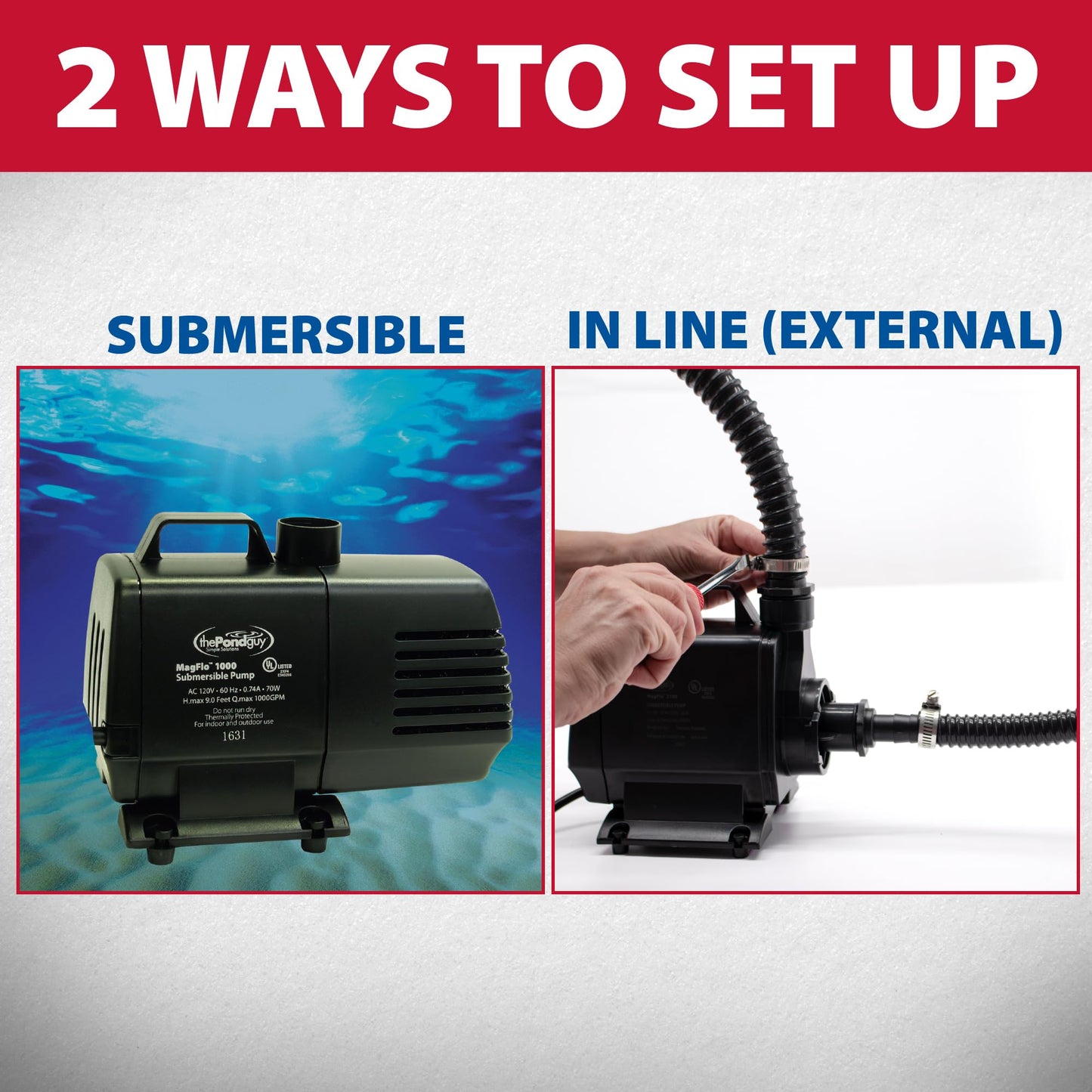 The Pond Guy MagFlo High-Efficiency Compact Pump for Small Water Gardens, Quiet Multi-Purpose System for Waterfalls, Fountains or Spitters, 2160 GPH