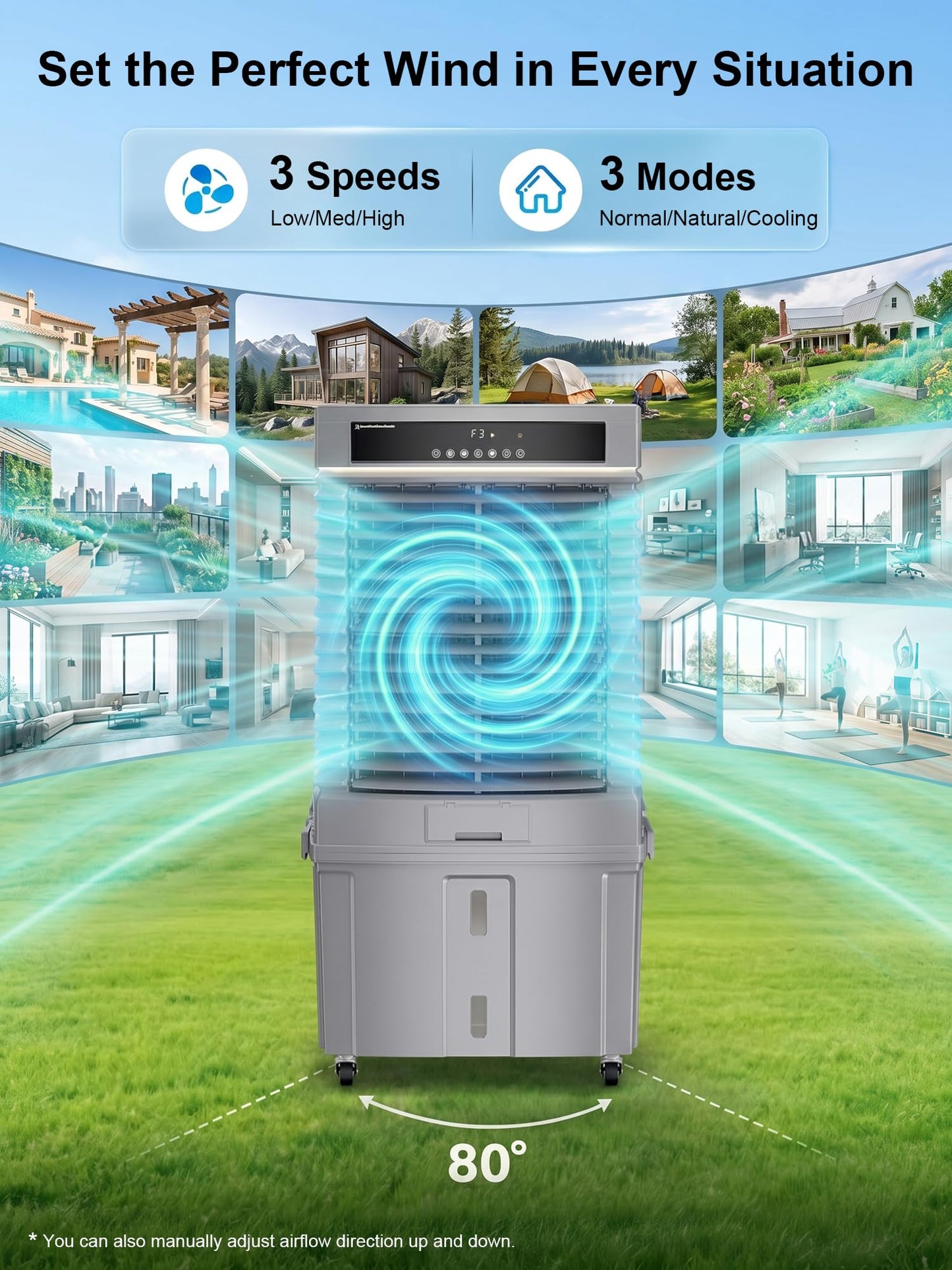Uthfy 2000CFM Swamp Cooler for Large Room, 37”Evaporative Air Cooler with 8.5Gal Detachable Water Tank, 12H Timer, Ambient Light, 80°Oscillation, Outdoor Air Conditioner for Patio, Garage