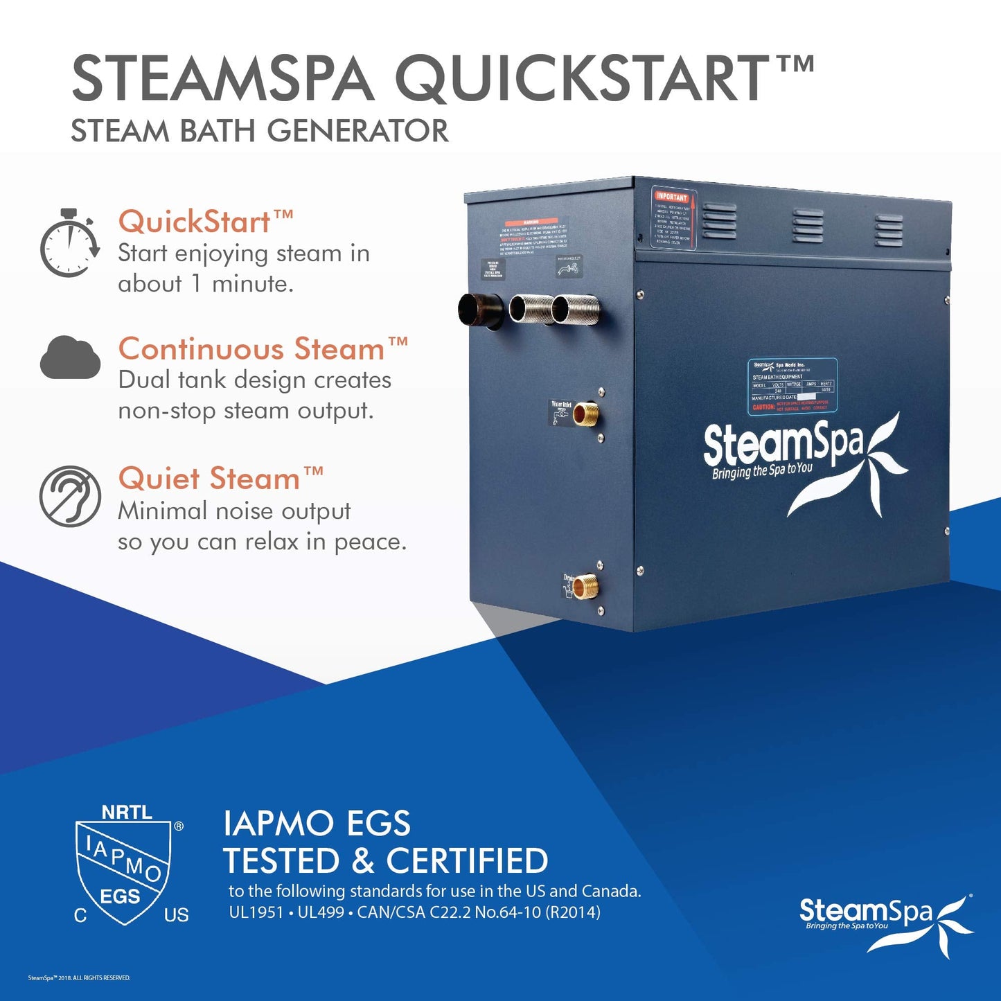SteamSpa 10.5kW Steam Sauna Generator Premium Bundle 240V Steam Generator with Touch Pad Control, Steamheads, Pressure Relief Valve, Built-in Auto Drain and Plumber Quick Install Kit PRT1050OB-A