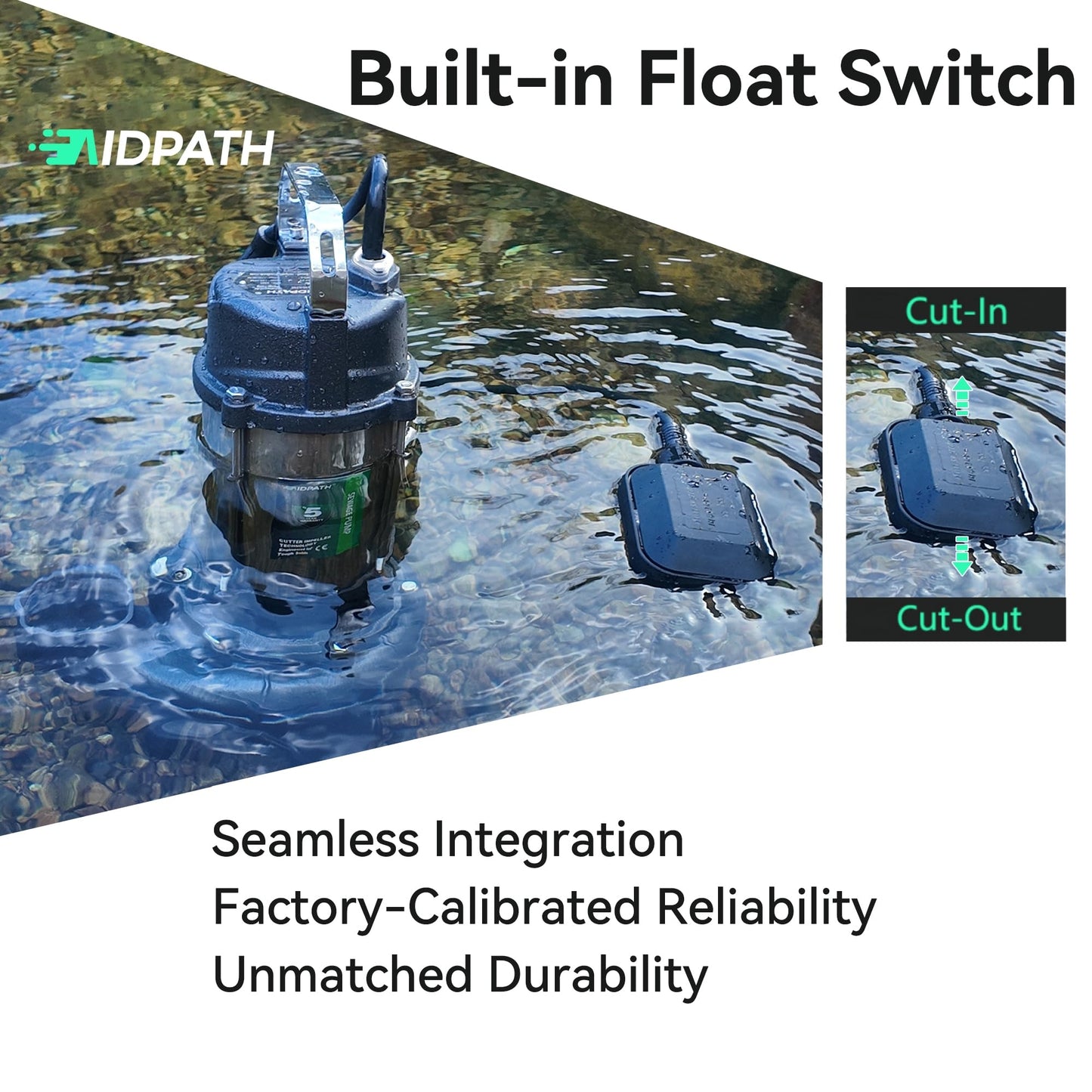 AIDPATH 1 HP Sewage Pump Submersible, Stainless Pump Casing, E-Coated Semi-Open Cast Iron Impeller, Auto Float Switch, 115V, 2" NPT Discharge for Sump Basin, Sewage Well, Basement, Septic Tank, Trash