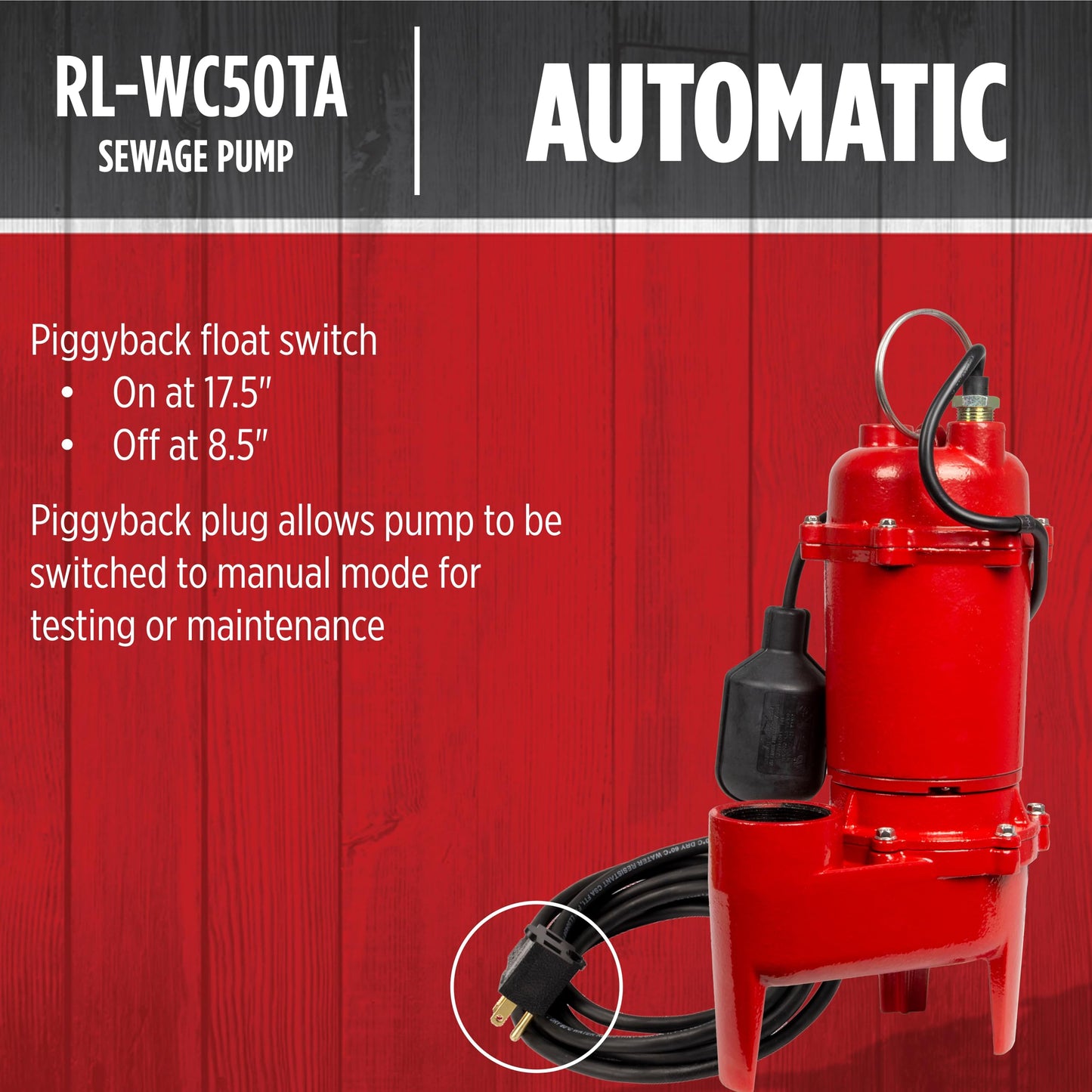 Red Lion RL-WC50TA 115 Volt, 1/2 HP, 5600 GPH Cast Iron Sewage Pump with Tethered Switch and 10-Ft. Cord, Red, 14942748