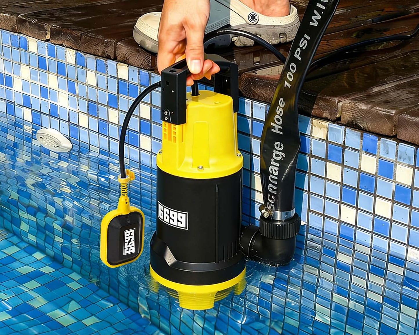 6699 6500GPH Powerful Sump Pump with 1-1/2”Backwash Hose PVC Lay Flat Discharge Hose 1.5HP Sewage Effluent Pump with Float Switch 16FT Power Cord for Flooded House, Sump Pit, Pond Water Removal
