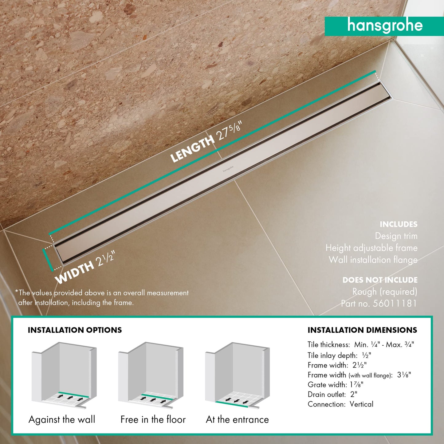 hansgrohe RainDrain Match Linear Tileable Shower Drain for 27 5/8" Rough with Height Adjustable Frame in Brushed Stainless Steel, Stainless Steel Rectangle Shower Floor Drain