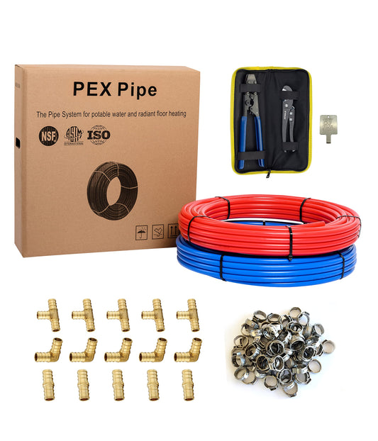 EFIELD 1/2 Inch 2 x100 ft Pex-b Pipe/Tubing(200 Ft), For Potable Water, Cold Hot Water, Brass Fitting, Crimping Clamp Tool, Cinch Clamps, Cutter Combo Kit (All in One),(E99KIT)