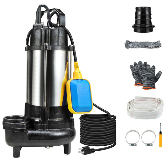 NLIEOPDA 1HP Sewage Grinder Sump Pump, Submersible Effluent Pumps 110V 6400 GPH Auto Float Switch, Cast Iron, 2'' NPT Discharge for Basement, Sump Basin, Residential Sewage