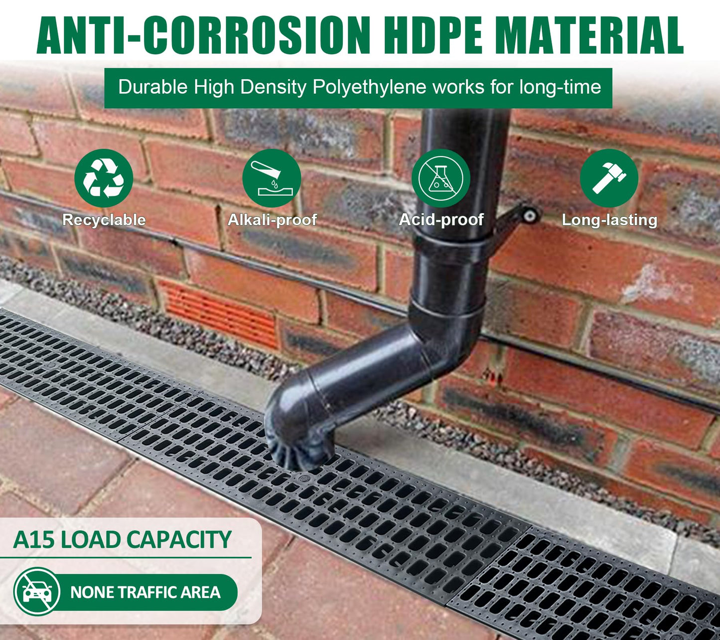 Natotela A15 Deep Profile HDPE Trench Drain-39.4Lx6.1Wx5.5H in. Channel Drain with Grates,6 Pack Total Length 236.22 in, Plastic Yard Drainage System for Outdoor,Yard Fence,Pool,Sidewalk,Patio