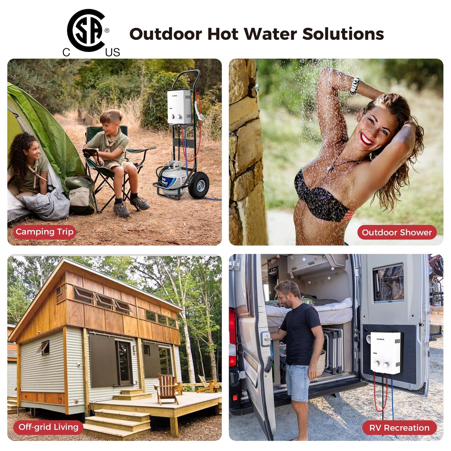 CAMPLUX Portable Propane Water Heater & Pump Kit, 1.32 GPM Tankless Gas Shower System with 12V Pump, Long Power Cables & Extension Hoses, Instant Hot Water for Off-Grid Camping, RV, AY132P43, White