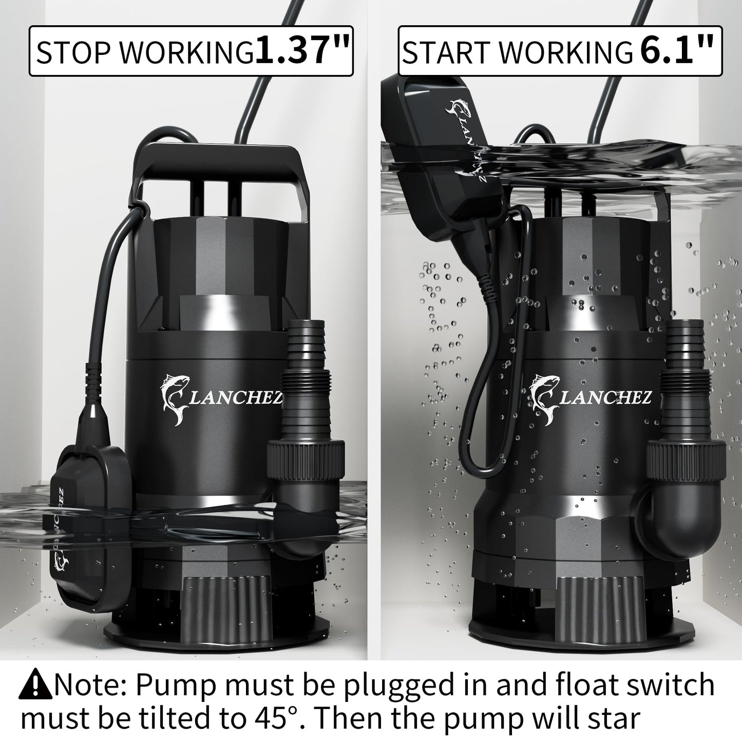 LANCHEZ 1.6HP 6000GPH Sump Pump, High Flow Submersible Water Pump with Float Switch, Automatic Transfer Water Pump for Swimming Pool Basement Flooded Pit Sewage Sink Tub, Black